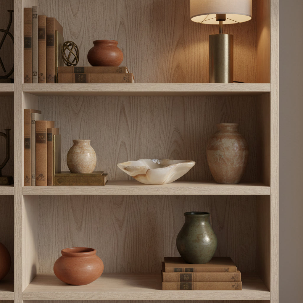 Wooden bookshelf with decorative items including vases and a bowl against a wooden wall.