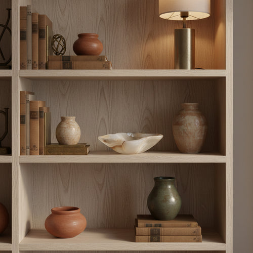 Wooden bookshelf with decorative items including vases and a bowl against a wooden wall.