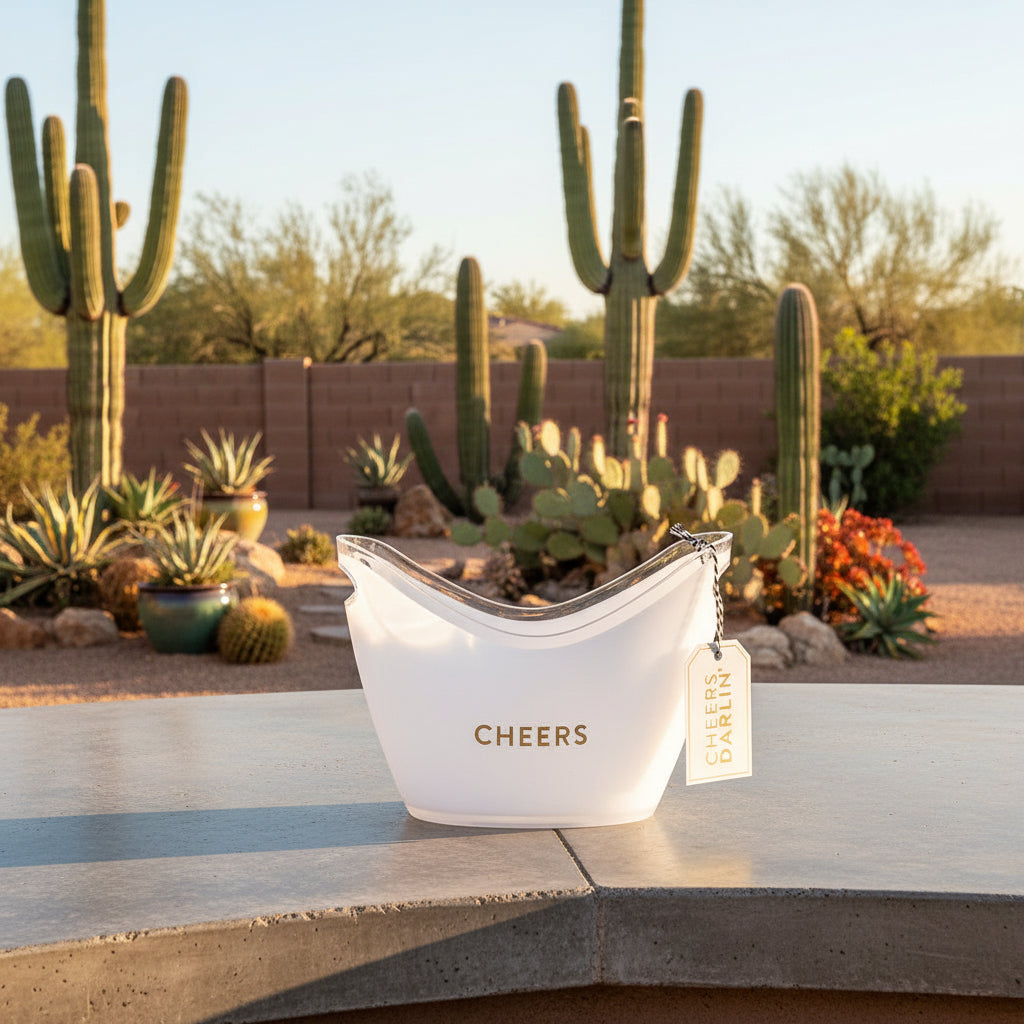 Clear plastic bucket with 'Cheers' text and a tag on a white background